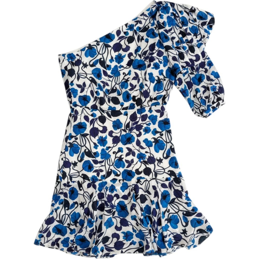 Saloni One Shoulder Floral Mini Dress Blue White Puff Sleeve US Size 4